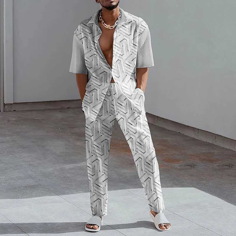 2023 Fashion Printed Two Piece Set Mens Collar Button Short Sleeve Shirt and Straight Pants Set Mens Summer Casual ClothingXJ250412