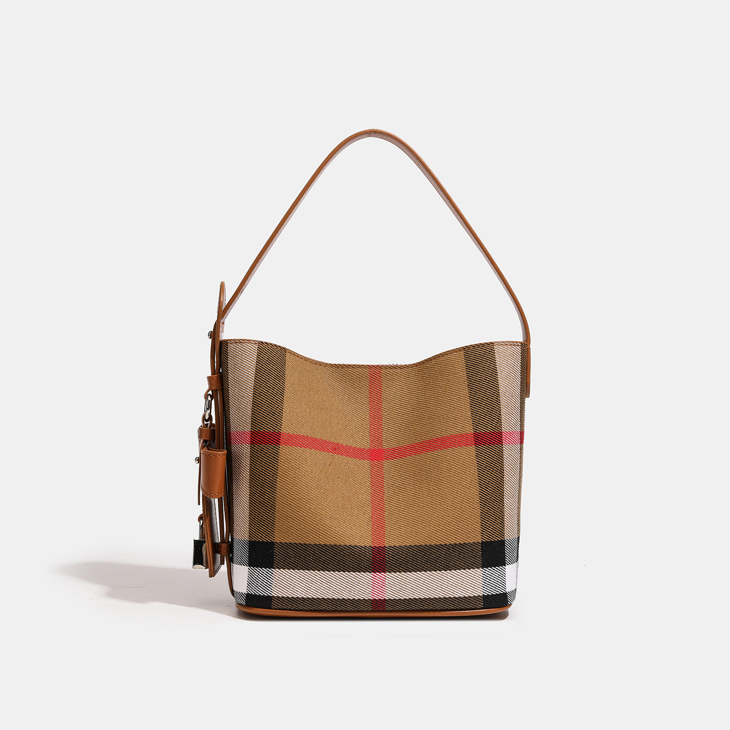 New Style Plaid Cloth with Leather Bucket Bag 2025 High-end Casual Large Capacity Women's Bag Plaid Handbag Shoulder Bag