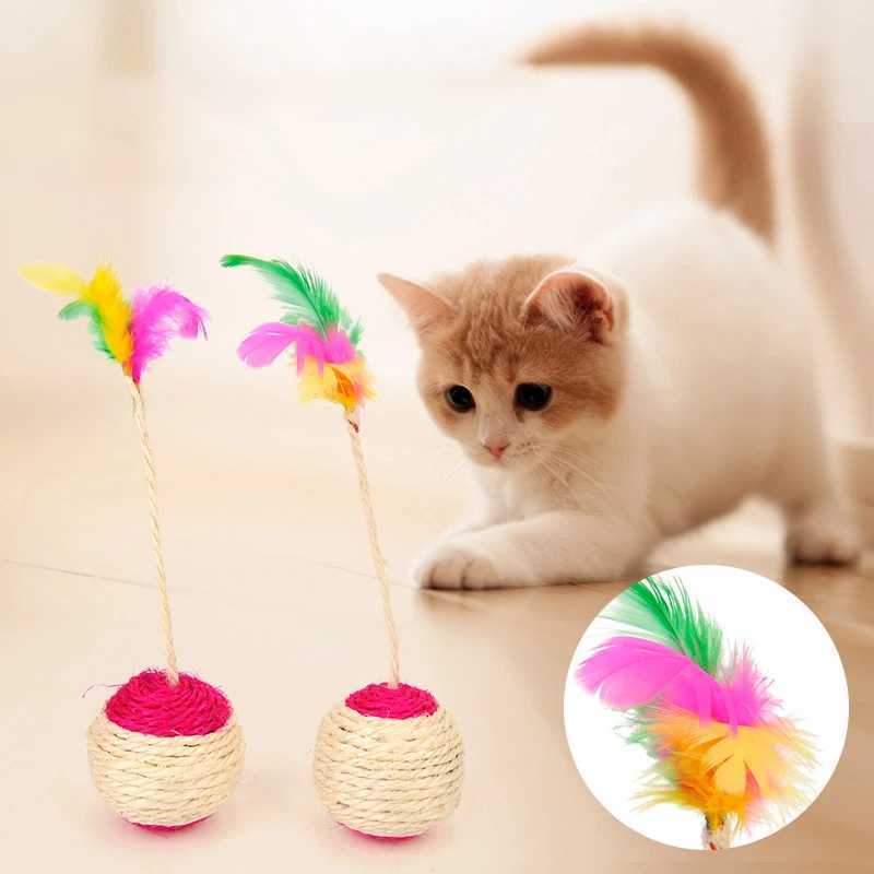 1 pet cat toy colored feather felt ball frosted claw interactive game ball cat toy sisal sand table ball Y250412