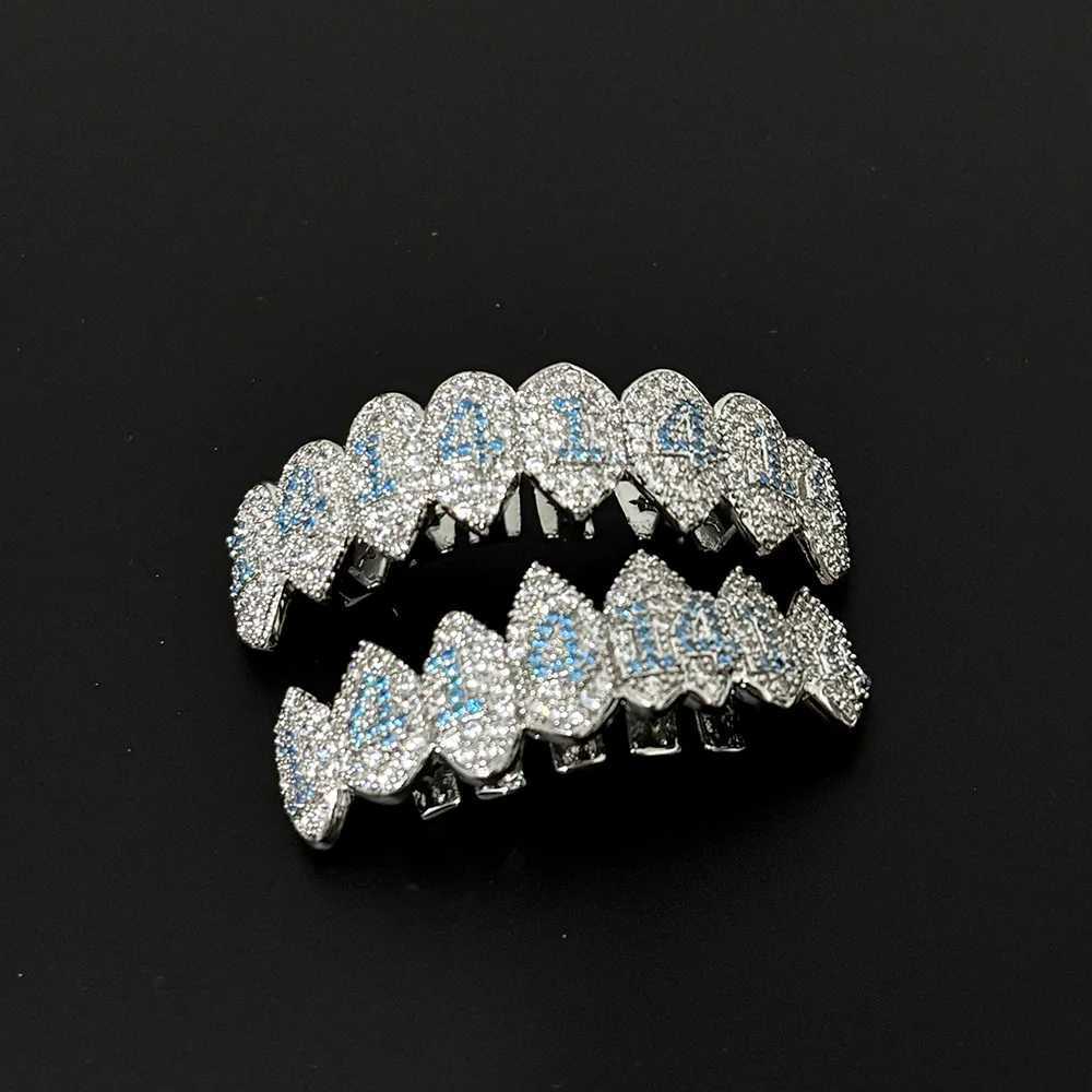 YONGX Top and Bottom Iced CZ Stone Tooth Cap Suitable for Women Men Dental Grills Blue Zirconia Grills Jewelry Dough W250412