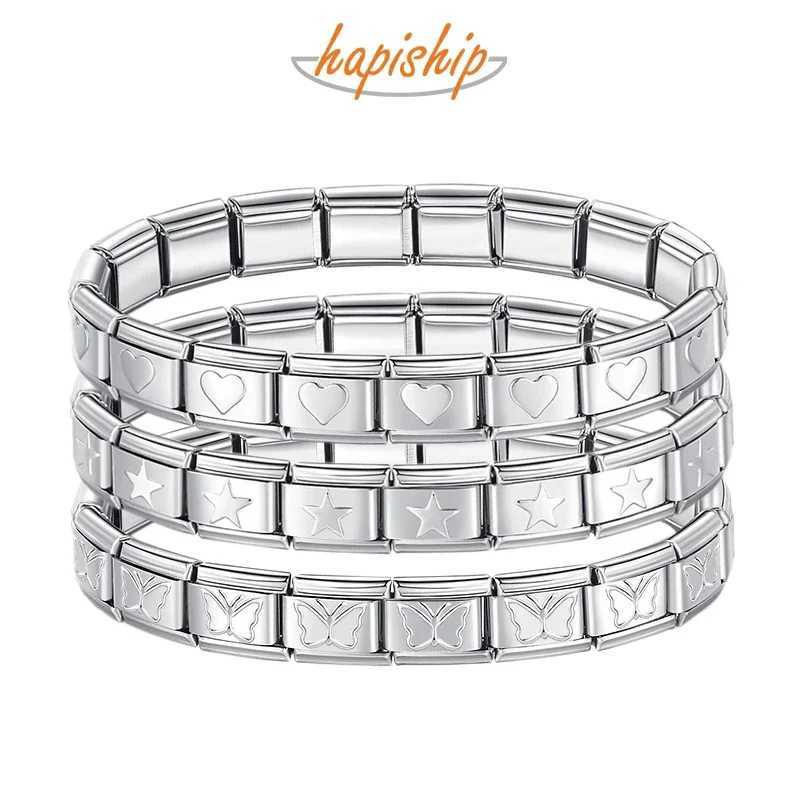 Hapiship 2024 Womens Jewelry 9mm Width Itanlian Elastic Star Heart Butterfly Charm Bracelet Fashion Stainless Steel Bangle ST-C250411
