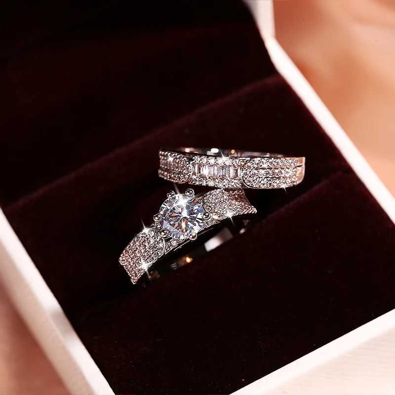 Fashionable womens two-piece ring sparkling zircon geometric ring double-layer womens 925 silver ring party jewelry wedding decorationXJ250412