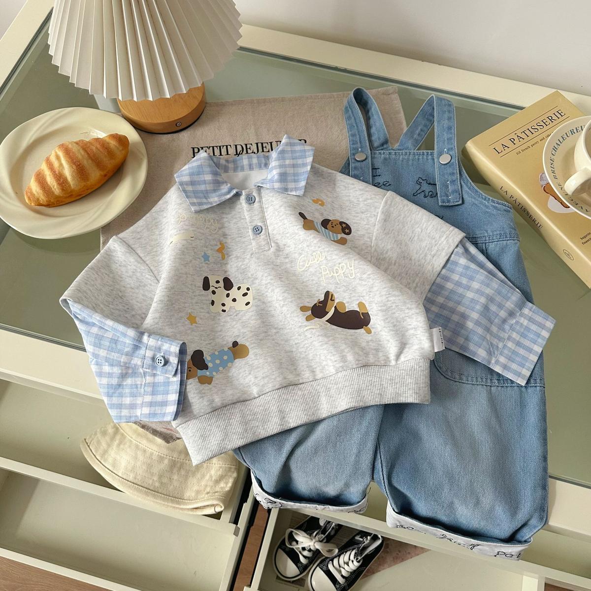 Ddmyshoesvip Boys Hoodies Spring POLO Collar Shirt Fake Two Small Dog Prints