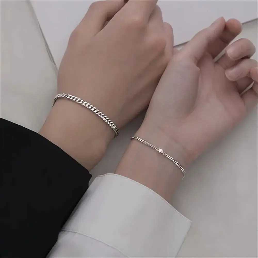 2PCS Simple Fashion Stainless Steel Bracelet Set for Couple Unisex Women Men Lover Crystal Heart Silvery Chain Bracelets JewelryC250411