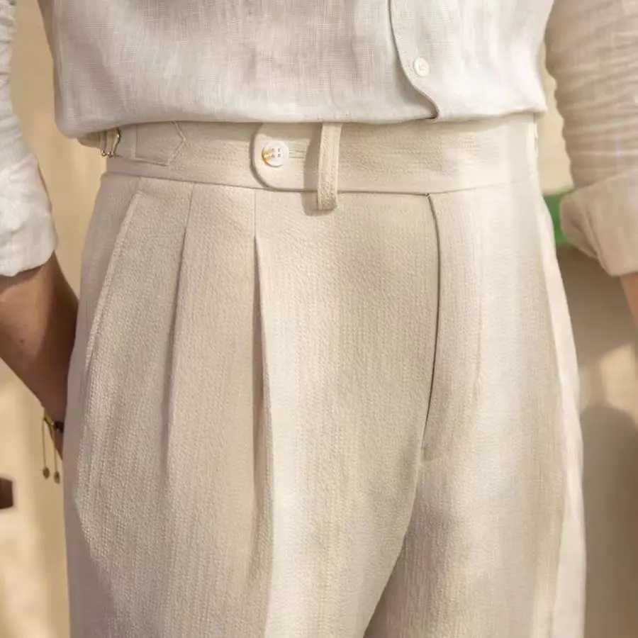 Seersucker Naples Set Trouser Mens UK Fashion High Waist Belt Design Straight Pants Summer Slimming Business Casual PantsXJ250412