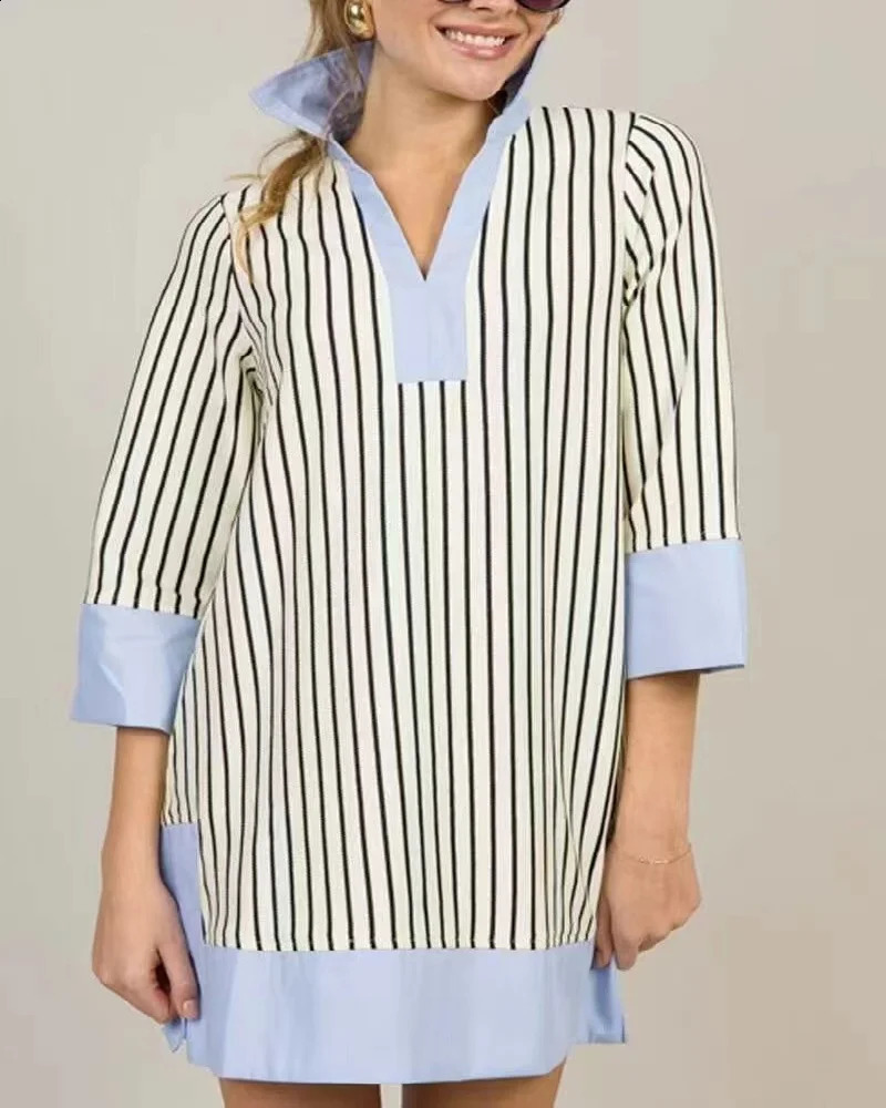 selling item for plus size womens fashion blue collar striped dress clothing 250411