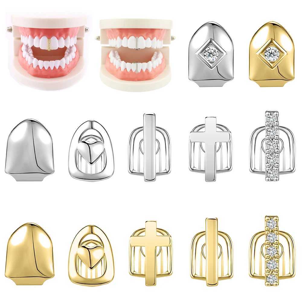 ZS hip-hop rapper dental Grilz 18K gold-plated cross Grilz zircon dental clip jewelry high polished dental cap top and bottom W250412