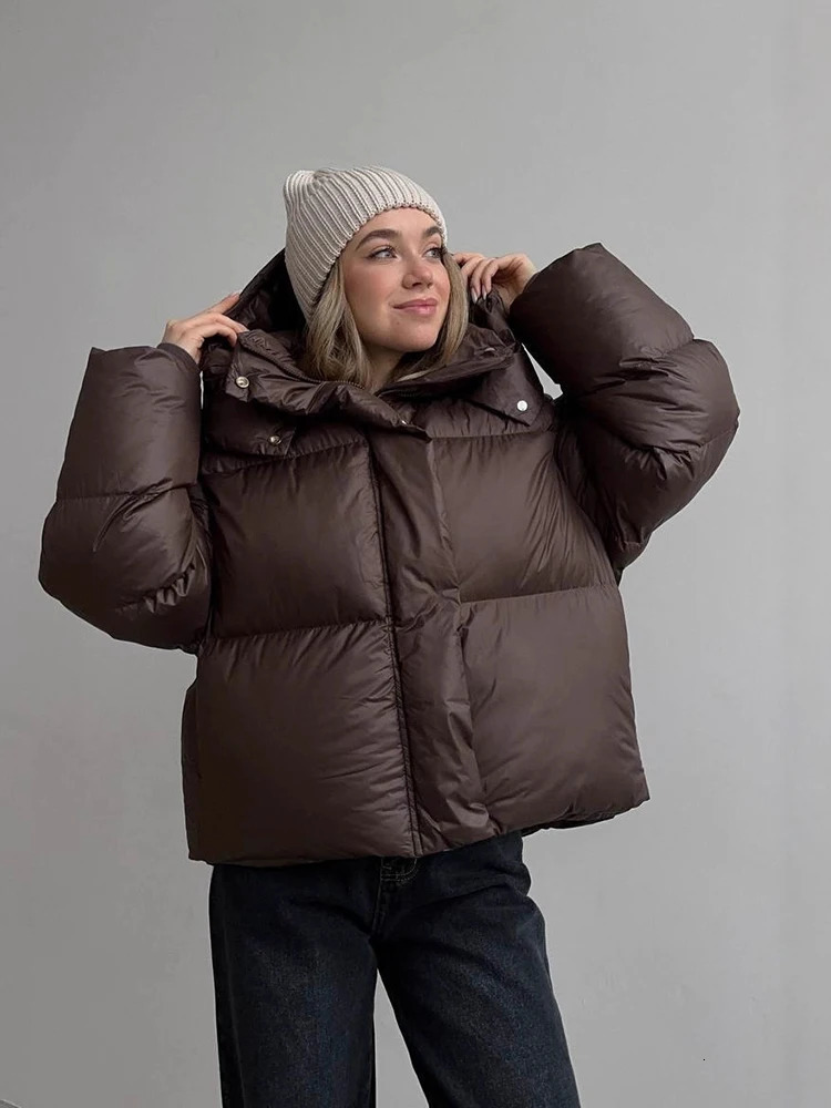 Winter Short Thick Hooded Puff Down Jacket Female Warm Loose Brown Jackets Women White Duck Zipper Parker Cotton Outwears 251107 - view 3