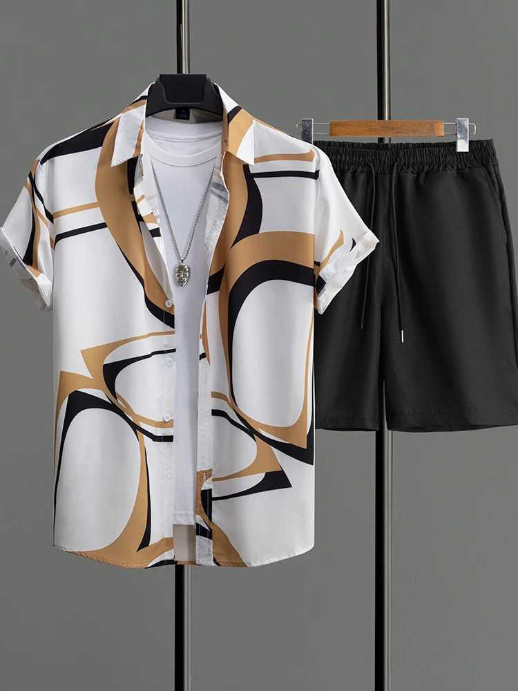 Summer mens casual short sleeved beach pants set Hawaii mens fashionable beach shirt vacation mens sports shortsXJ250412