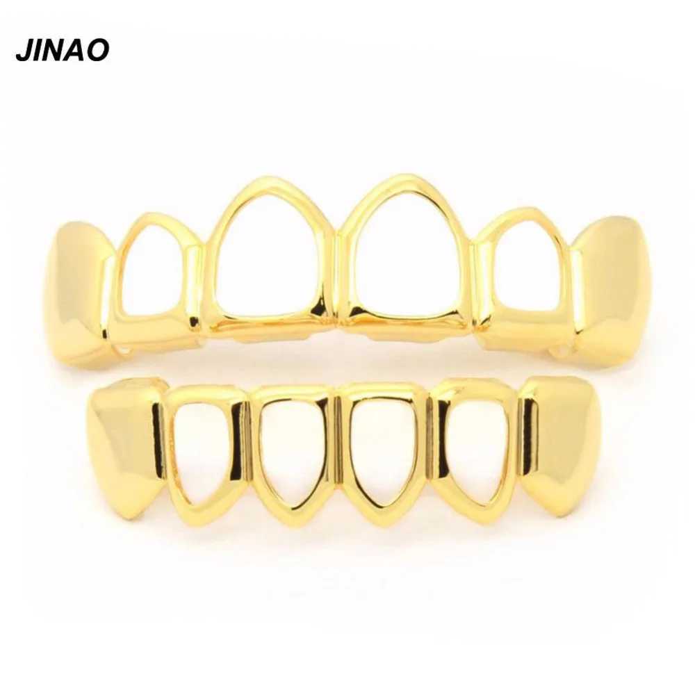 JINAO New Fit Pure Gold Galvanized Teeth Grill Four Hollow Open Face Grill Cover Top and Bottom Grill Set Gift W250412