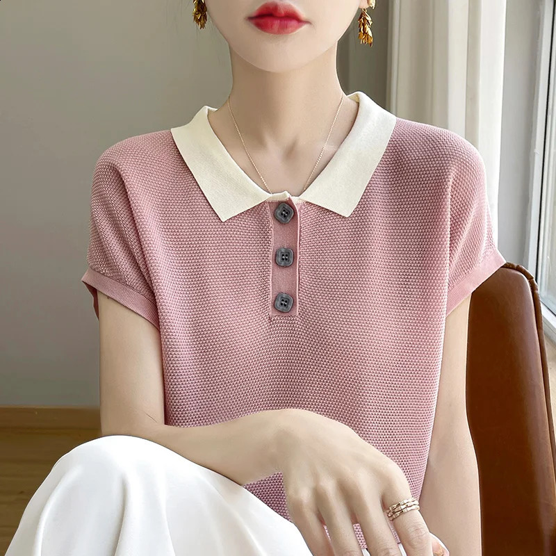 Summer Thin Short-sleeved Womens POLO Neck Knitwear Button Contrast Loose Half Sleeve T-shirt 250411