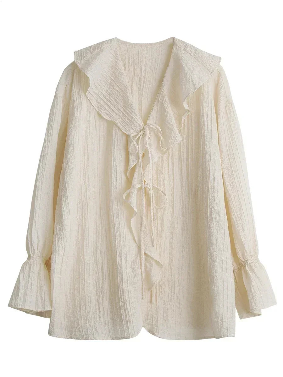 CHIC VEN Women Shirt Loose Casual Ruffled Edges Female Blouses V Neck Lace Up Mid Length Woman Shirts Spring Summer 250411