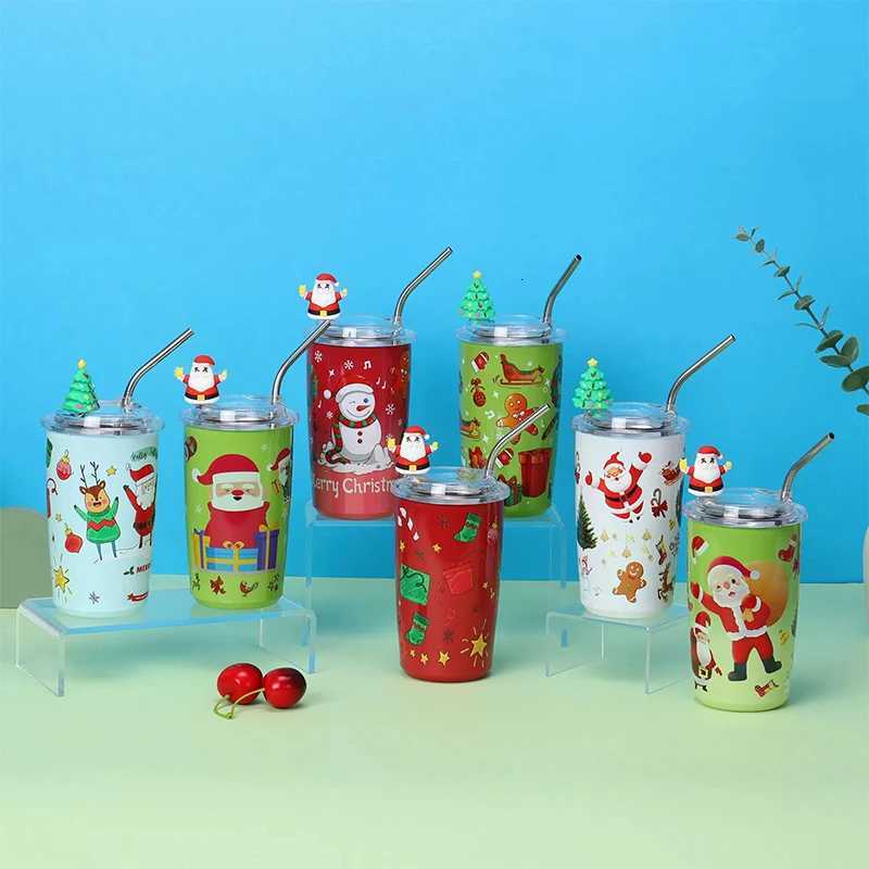 Christmas Christmas Tumblers with Straw 16oz Stainless Steel Christmas Travel Coffee Cup Double Insulated Vacuum Tumbler Santa Claus Mug Y251112
