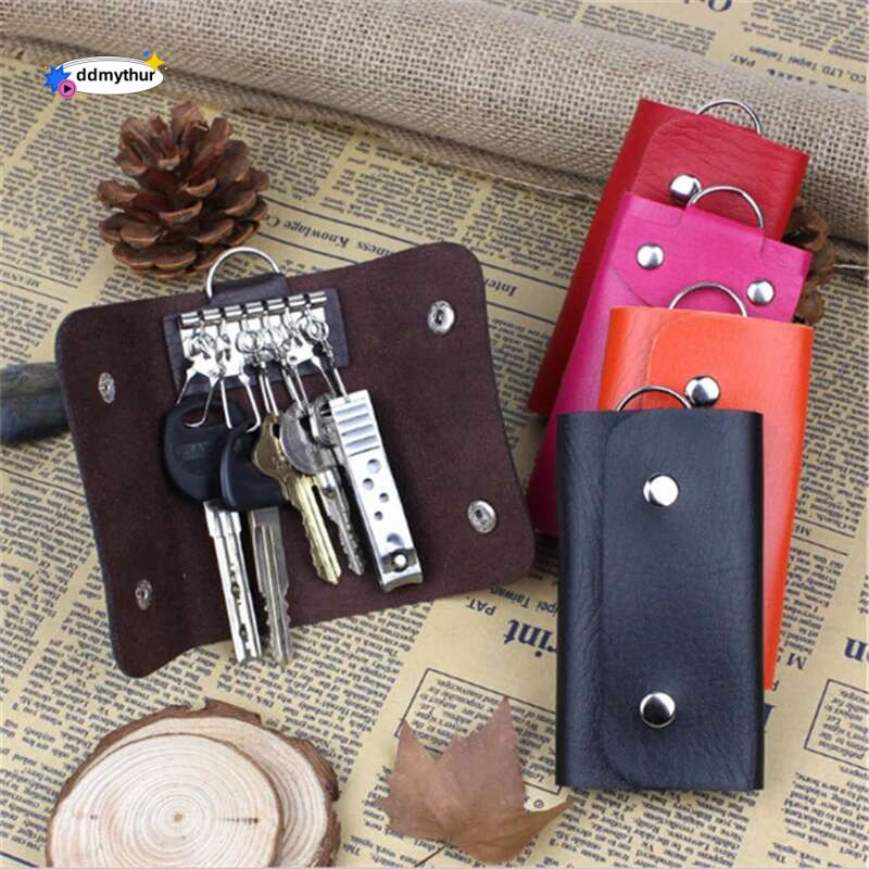 Portable Leather Housekeeper Holders Car Keychain Key Holder Case Unisex Wallet Cover Simple Solid Color Storage Bag ddmythur