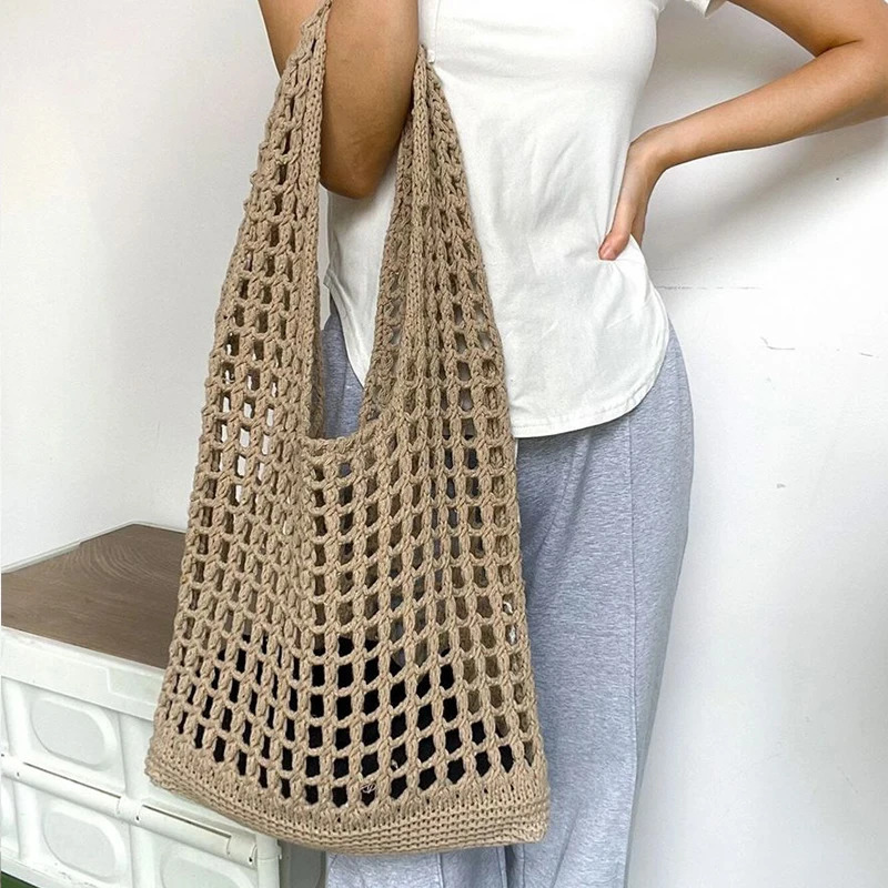 Fashion Crochet Bags for Women Summer Beach Tote Bag Aesthetic Handbag Bohemian Woven Knit Shoulder Bag 251112
