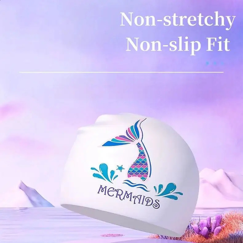 Swimming Cap Female Waterproof Elasticity Not Strangle Head Long Hair Large Ear Protection Adult Printed Silicone Fish Mermaid 250411