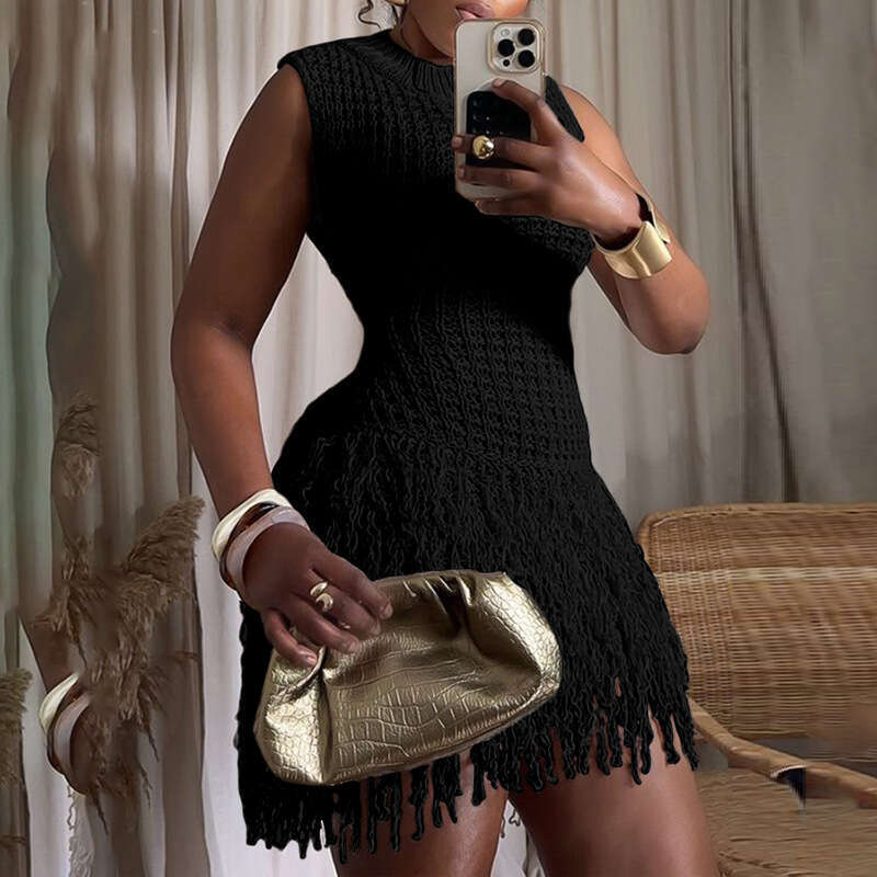 Women's Wear Wind Summer New Women's Fashionable And Sexy Sleeveless Tassel Hollow Out Slim Fitting Elegant Patchwork Dress