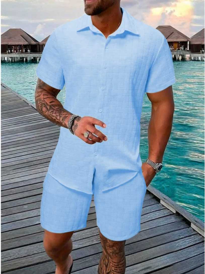 2025 Summer Jacquard plaid texture solid color set short sleeved mens fashionable and comfortable holiday beach style T-shirt two pieces-XJ250412