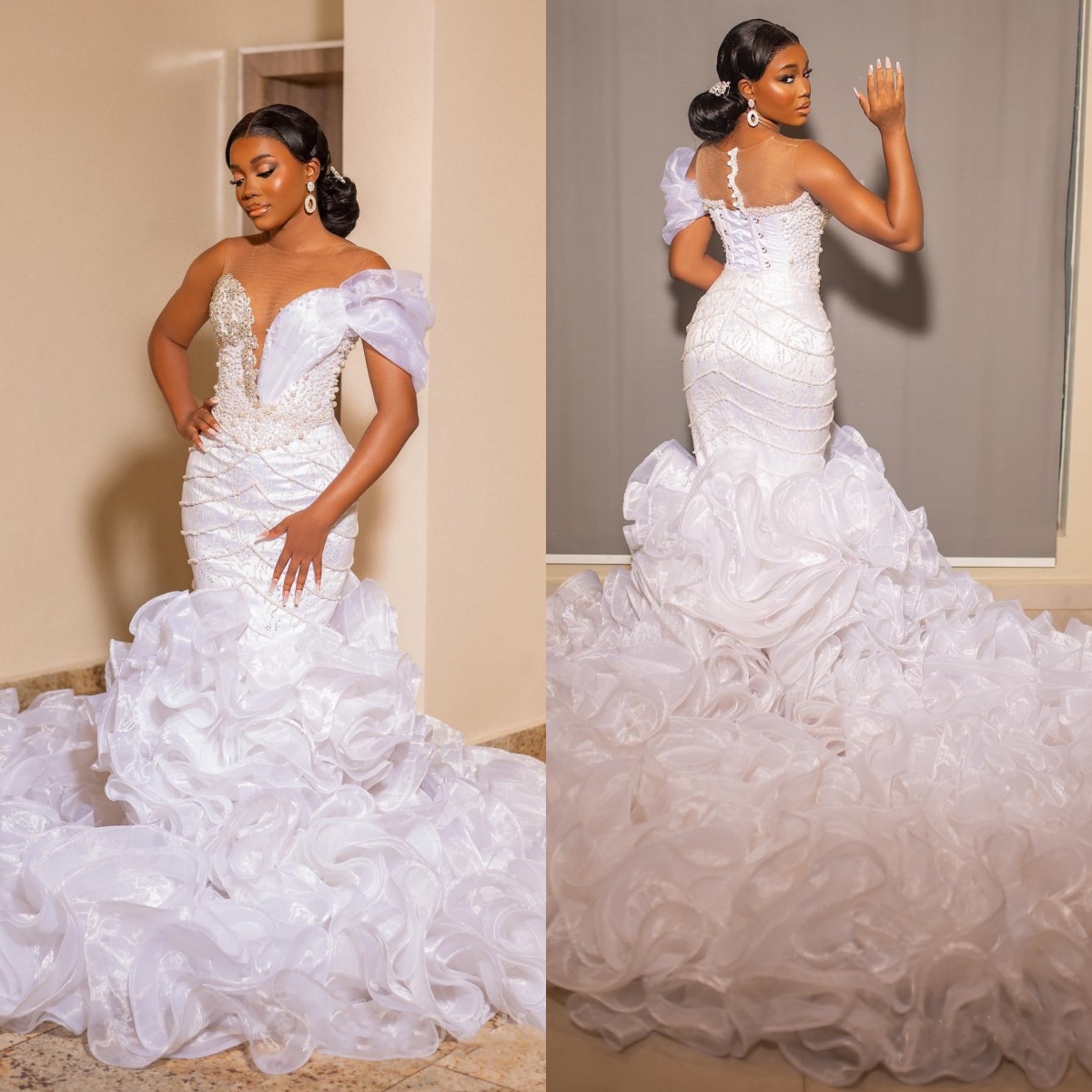 Plus Size Pearls Mermaid Wedding Dress Diamonds O Neck Sleeveless Bride Gowns Ruffles Ruched Sweep Train Bridal Dresses Customized