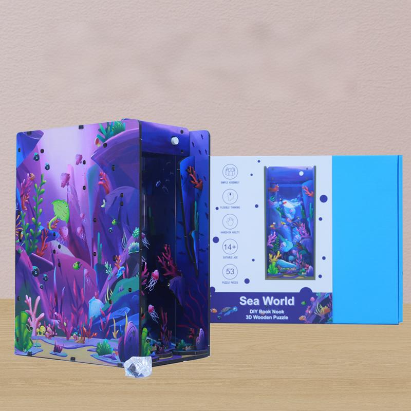 Sea World DIY Assembled Bookend, Exquisite Underwater-Themed Wooden Craft with LED Light Effect, Creative Bookshelf Insert Decor for Ocean Lovers & Gi