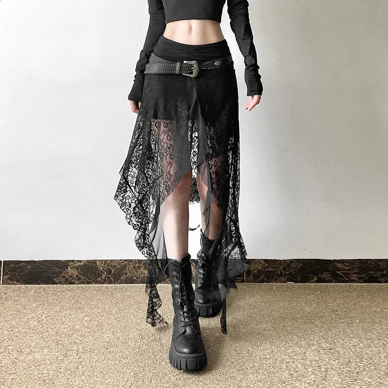 Y2K Goth Dark Irregular Hem Lace Patchwork Mid Skirts Women Streetwear Fairy Slim Pleat A-line Skirt Mall Goth Fashion Bottoms 250411