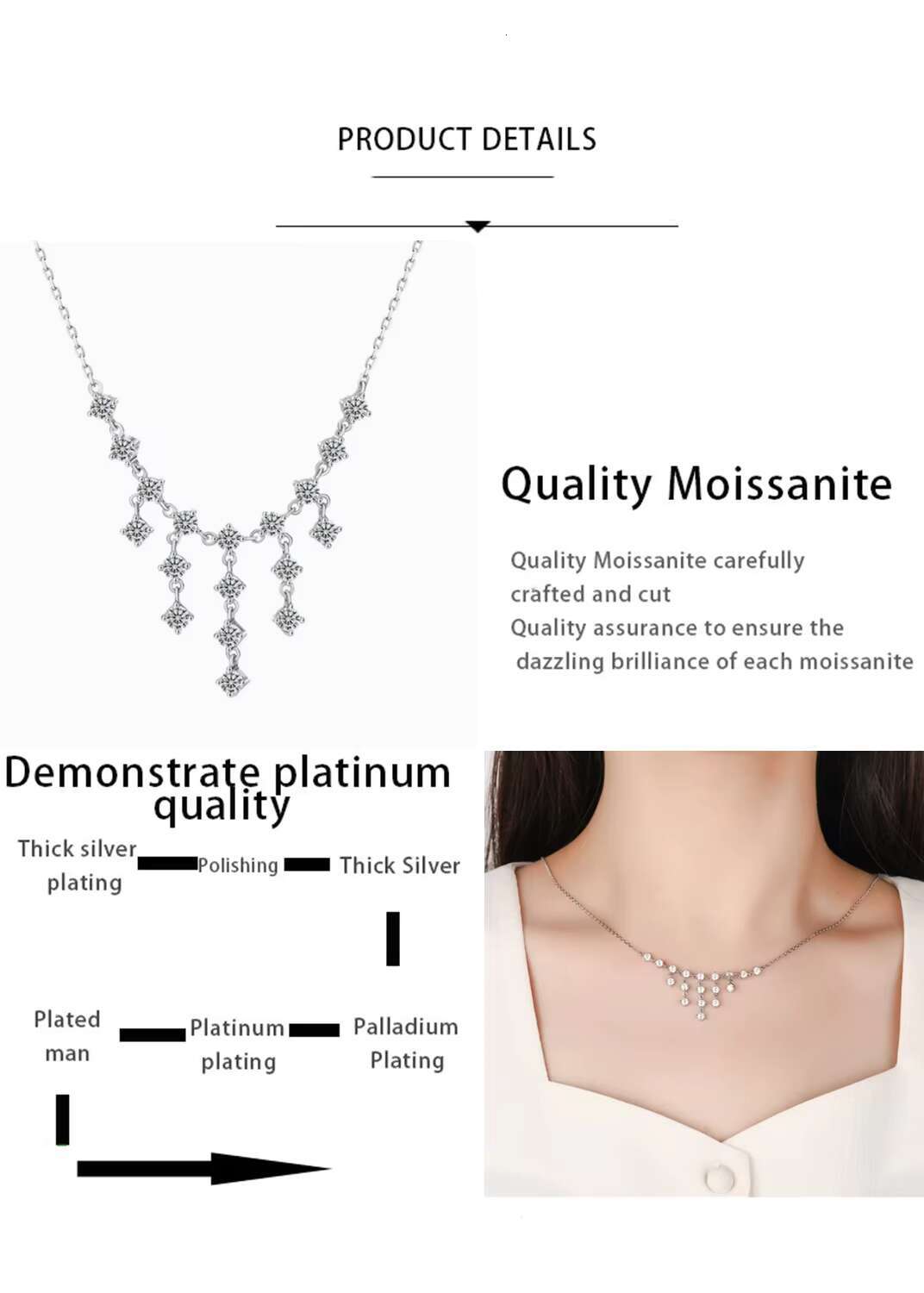 Fine Jewelry 925 Sterling Silver Full Moissanite Necklace Waterfall Shape Tassel Sparkle Drop Moissanite Necklaces for Women