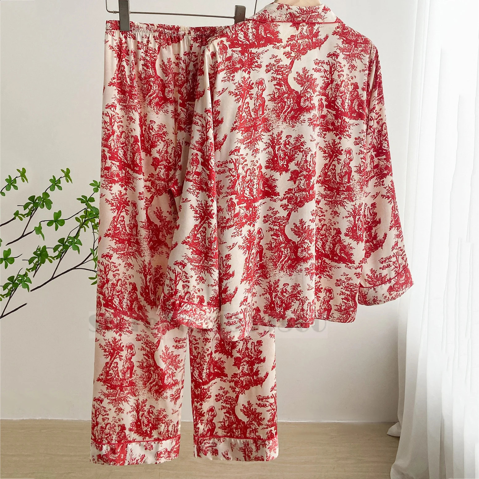 Fashion Print Flower 2PCS Pajamas Set Women Sleepwear Spring Summer Trouser Suits Lounge Wear Loose Satin Homewear Pijamas Suit 250411