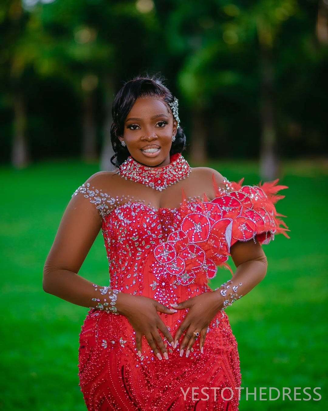 2025 Plus Size Red Prom Dress Mermaid Prom Dresses Evening Formal Gowns For Special Occasions High Neck Beaded Lace Birthday Second Reception Gowns AM