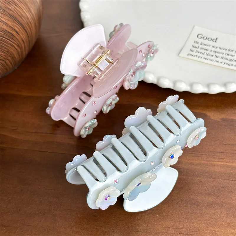 French vintage medium-sized acetate hair clip high-end rhinestone flower crab clip womens hair clip Y2504012