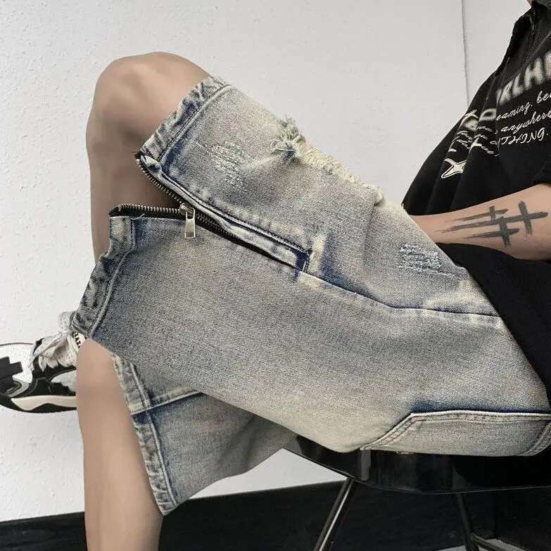 Men's High Street Ripped Denim Versatile Loose and Handsome Shorts