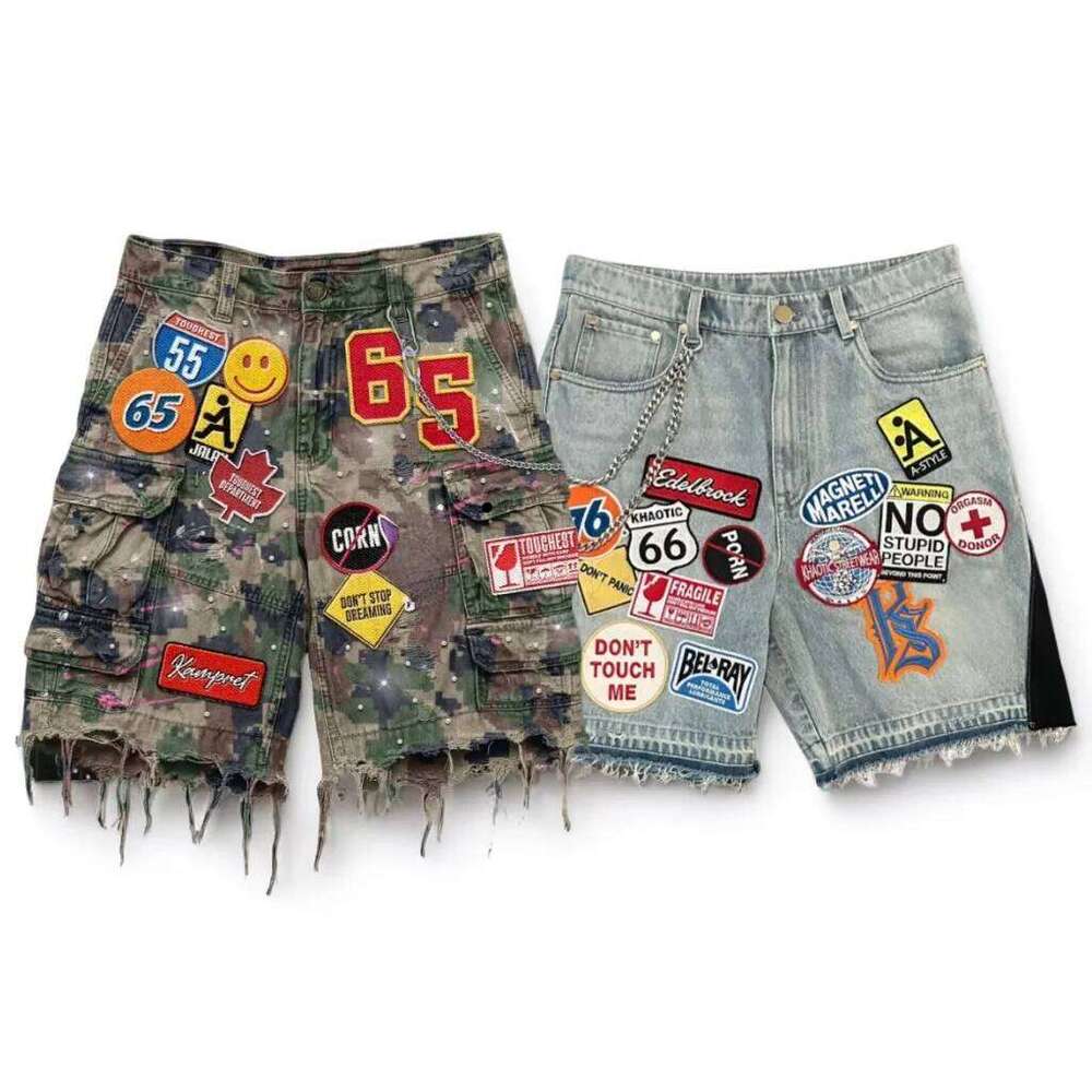 Vintage Camo Embroidery Patch Short Y2k Jeans Men Women Hip Hop Cartoon Graphics Streetwear Loose Denim Casual Shorts