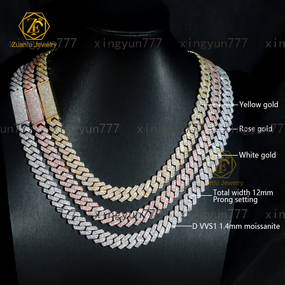 Hot Selling S925 Classic 12MM VVS Moissanite Cuban Link Chain Fine Jewelry Necklace With Diamond Tester