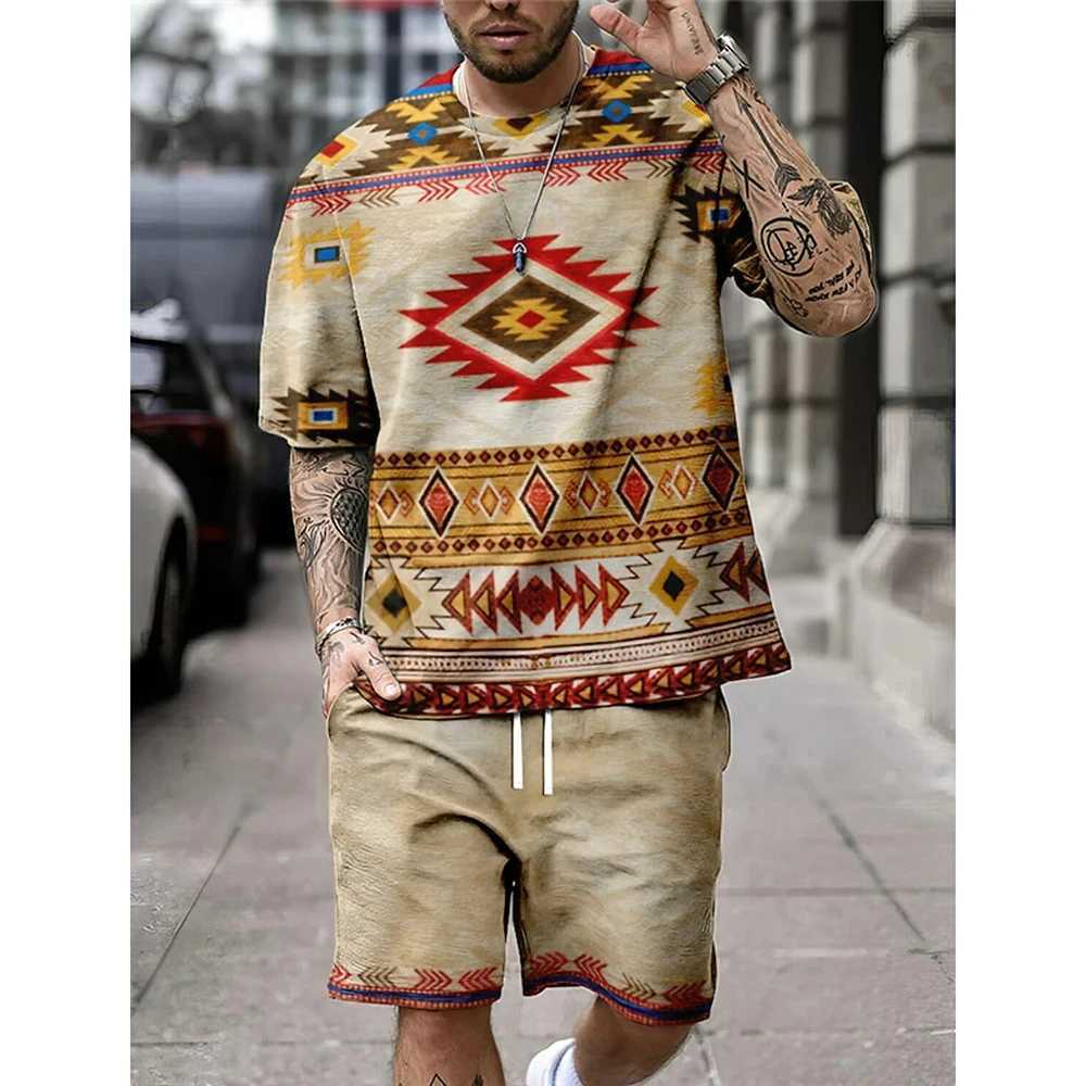 Summer retro ethnic style mens shorts set casual T-shirt+shorts 2PCS set 3D printed mens oversized O-neck sports shirtXJ250412