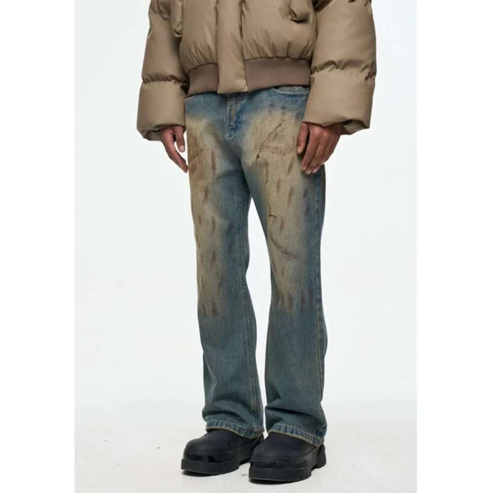 Retro Washed Mud Dyed Wasteland Style For Men Y2k Hombre Distressed Dirty Jeans Unisex