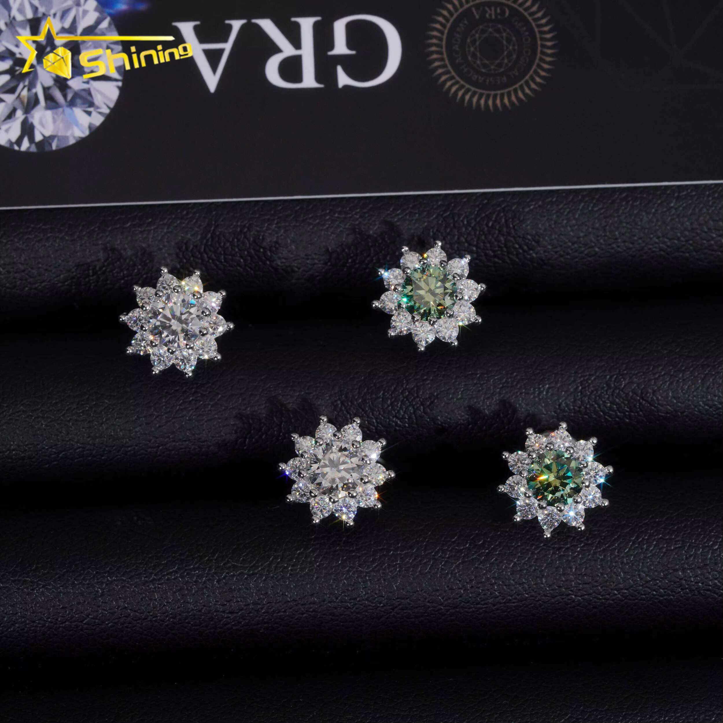 Fine Jewelry 925 Sterling Silver Screw Back Blue Green Moissanite Diamond Sunflower Hip Hop Stud Earrings