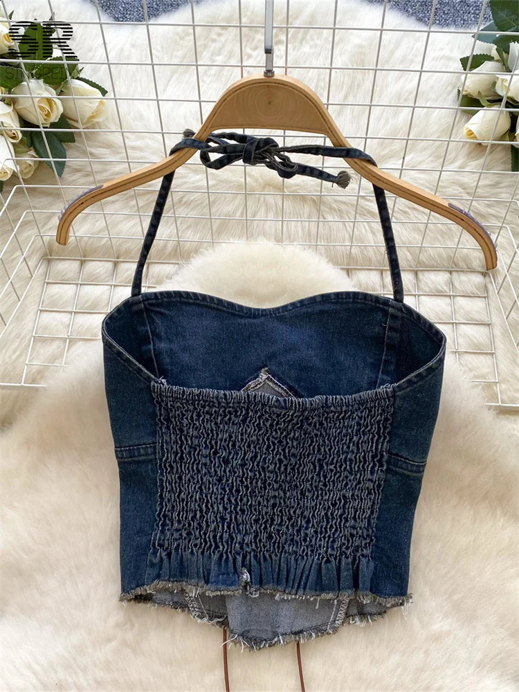 SINGREINY Gradient 2pcs Suit Ladies Lace Up Ruched Halter TopsSplit Zipper Skirt Women Fashion High Quality Sexy Denim Sets 250411