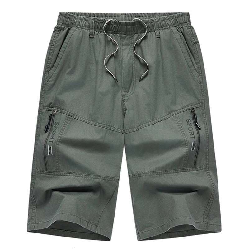 Summer Men Cotton Cargo Shorts Knee Zipper Pocket Casual Tactical Short Elastic Waist Climbing Sports Joggers Cropped Pants Male