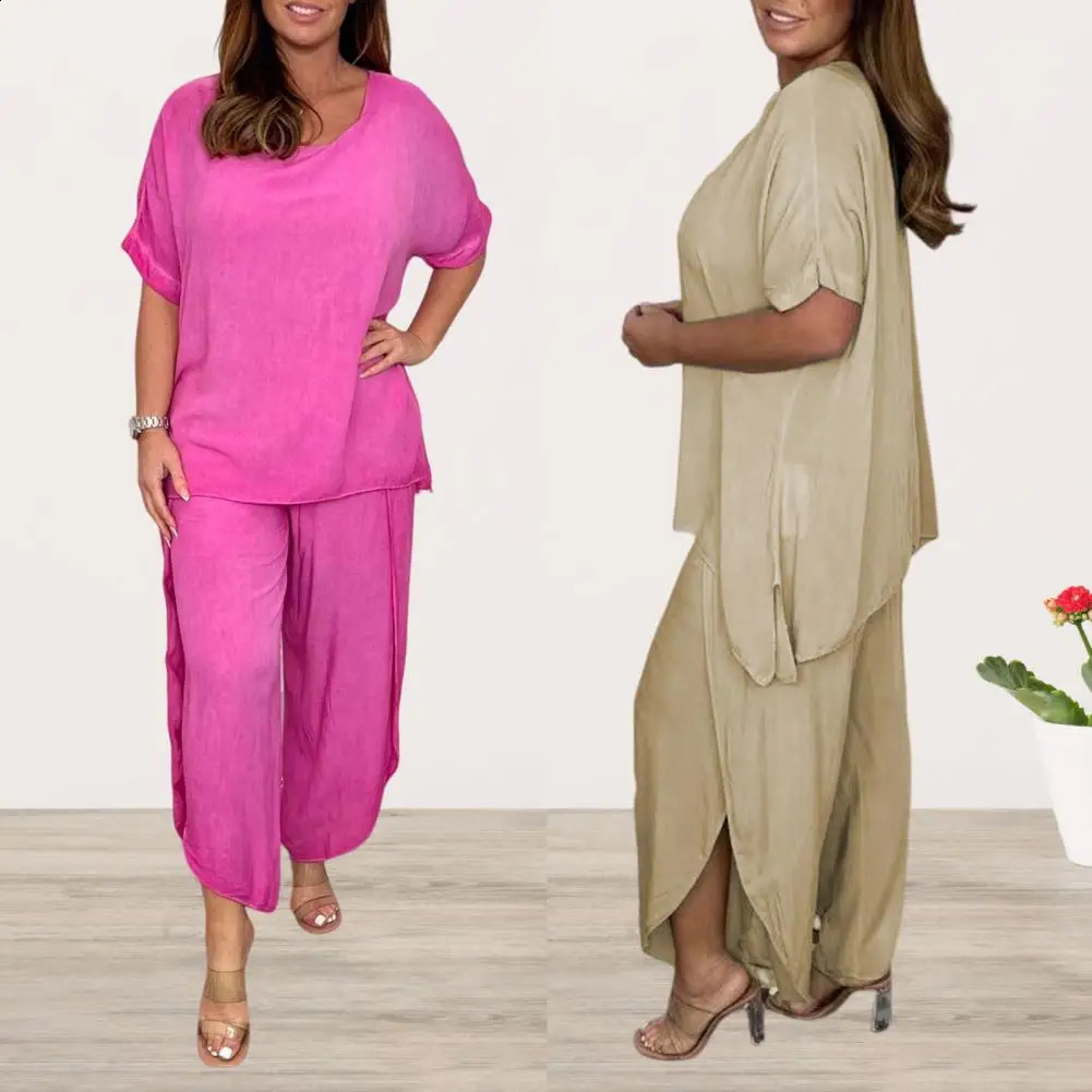 Women Top Pants Suit Womens Two-piece Homewear Set with O Neck Top Wide Leg Pants for Summer Sleepwear Sports T-shirt Outfit 250411