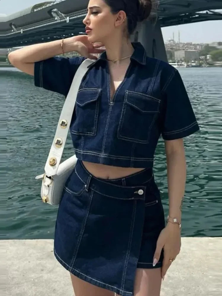 Street Denim Hem Mini Skirt Set Women Lapel Loose Short Sleeve Cropped Tops Irregular Shorts Suit 2025 Y2k Solid Outfits 250411