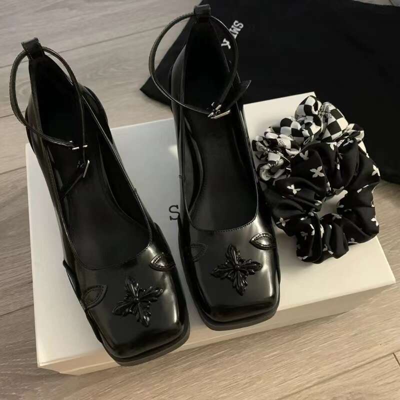 Sweet Cool Spicy Style 2025 Classical Dance Cross Flower Black Square Toe Designer Shoe Chunky Heel Mary Jane Shoes Women High Heels