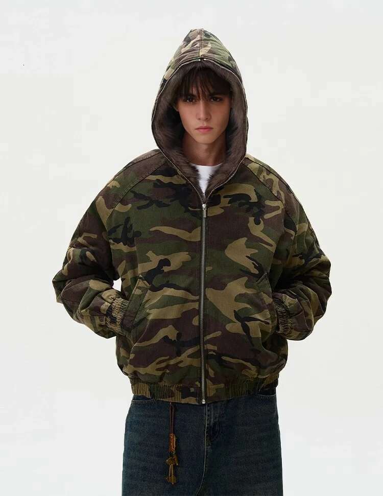 American Retro Old Camouflage Parkas Loose Thickened Warm Fur Collar Hooded Jacket
