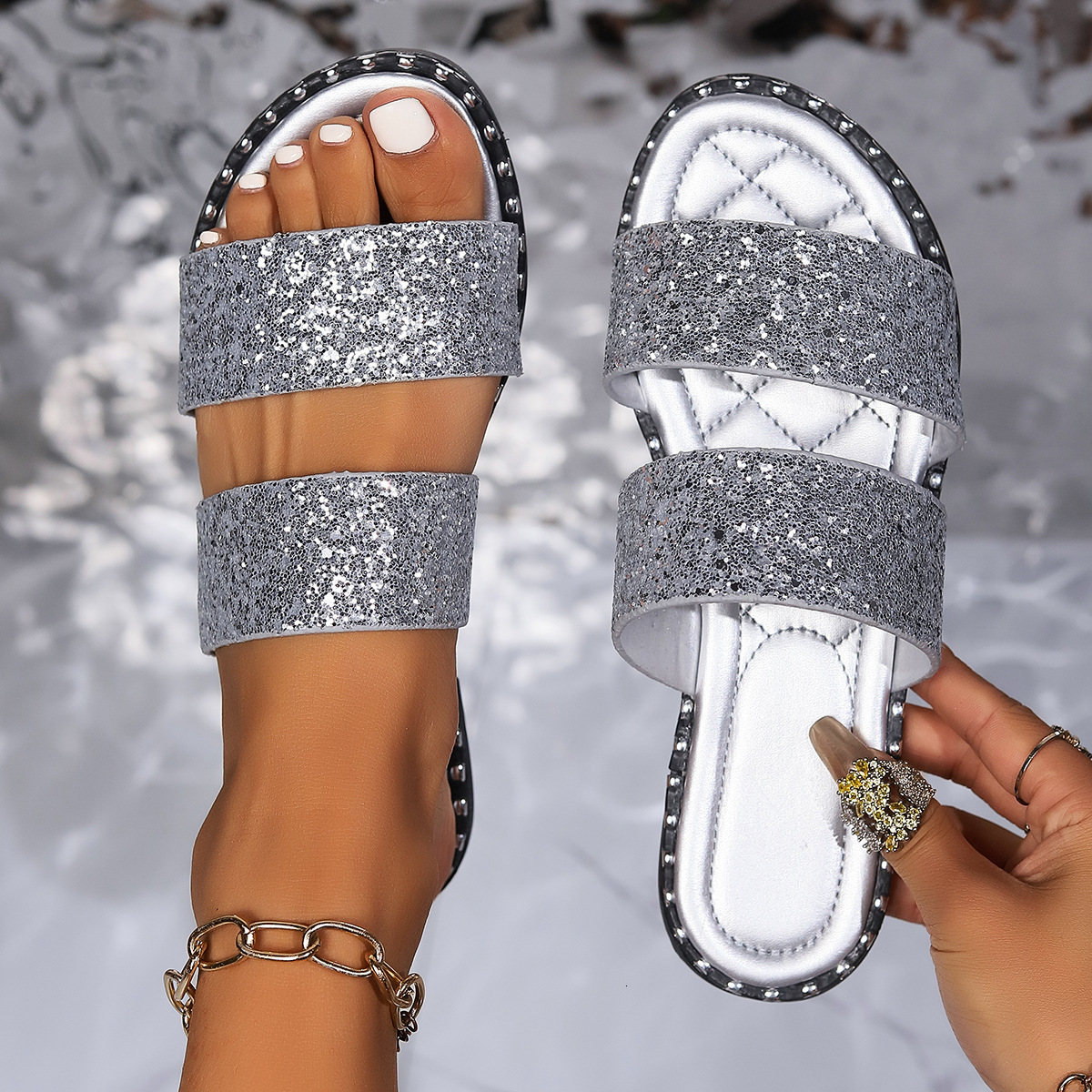 Flat Glitter Women's One line Fashion Sequin Casual Slippers