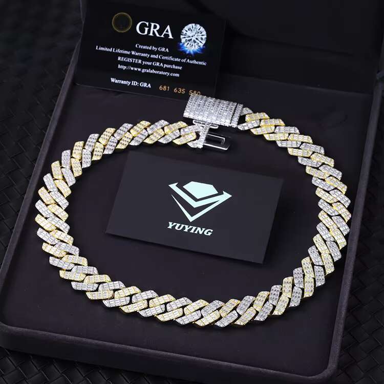 Customized Hip Hop Jewelry 19mm Whitegold Plated Iced Out D VVS Moissanite Cuban Link Chain Necklace baguette Cuban Chain