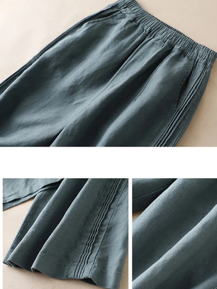 Loose Simple Comfort Ankle pants Retro Versatile Summer Womens Pants High Waist Straight Cotton Linen Wide Leg Pants Women 250411