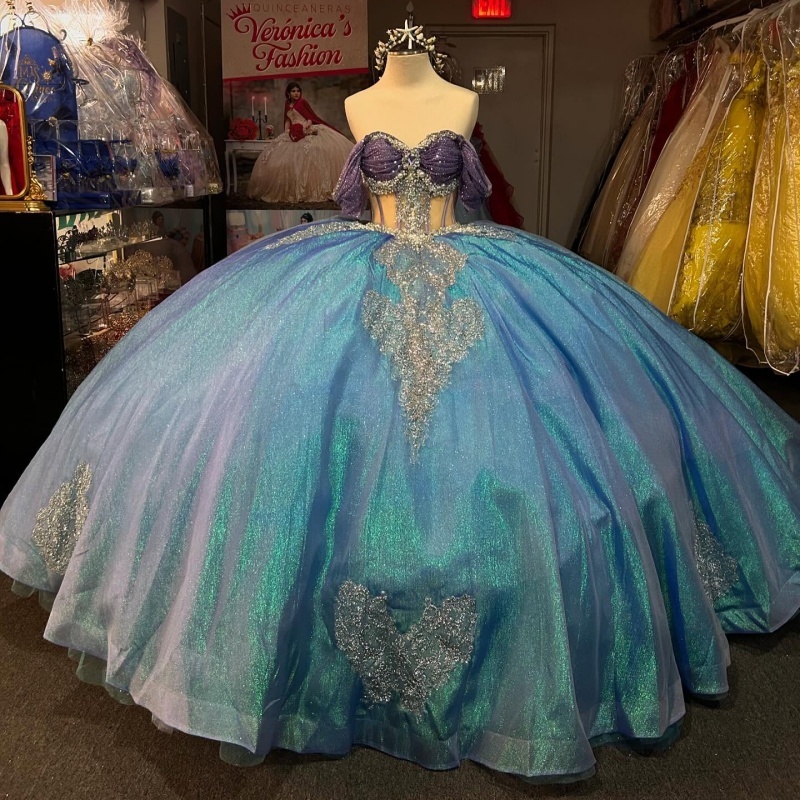 Blue Shiny Princess Quinceanera Dresses Off Shoulder Beading Crystal Applique Lace Tull Sweet 16 Dress Ball Gown Vestidos 15 Anos