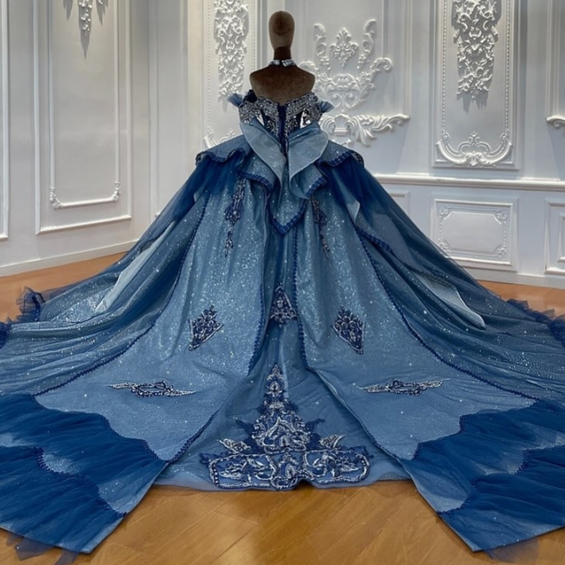 Sea Blue Shiny Quinceanera Dresses Off The Shoulder Applique Lace Beading Crystal Bow Tull Party Birthday Sweet 16 Dress Vestidos 15 De Anos