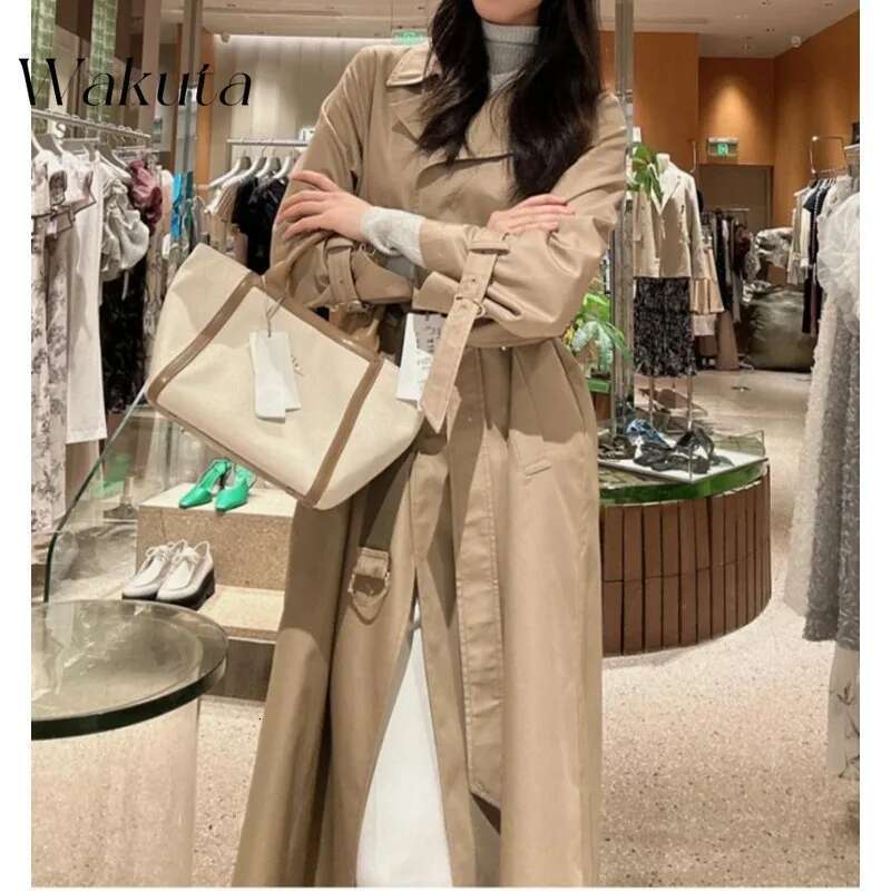 WAKUTA Japanese Elegant Lapel Long-Sleeved Belted Trench Coat Fashion Double-Breasted Belt PU Splicing Middle-Length Y2k Jackets
