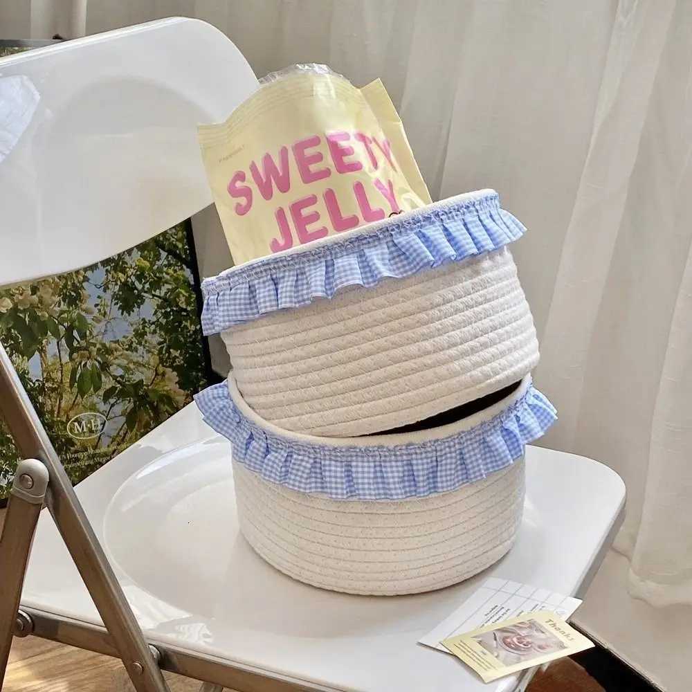 Trendy Blue Sundries Storage Baskets Hand-woven INS Lace Snacks Basket Cotton Rope Cute Storage Bins Bedro Y251112