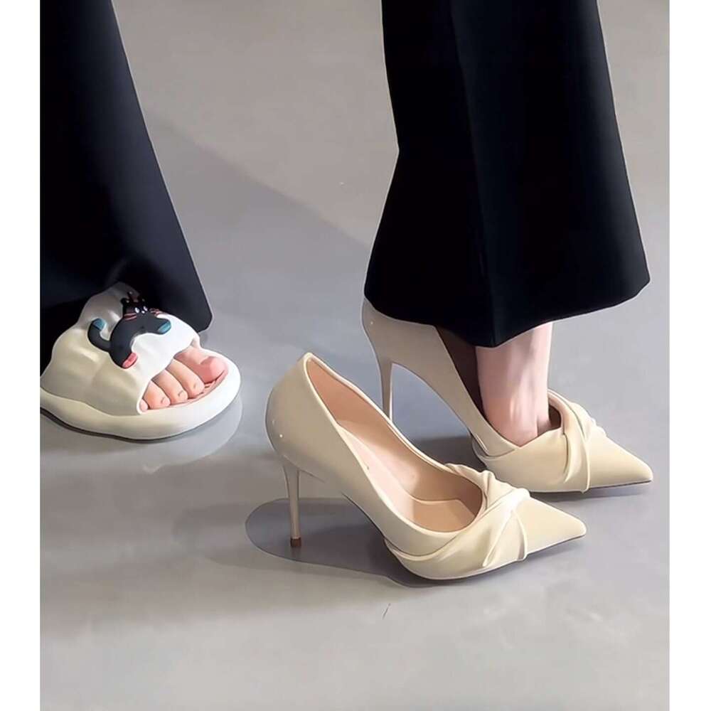 Designer Shoe Elegant High-End Pointed Toe Dress Stiletto Comfortable Work Shoes Ruched White High Heels for Women