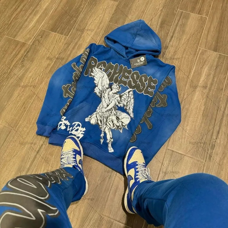 Retro rock punk style oversized sweatshirt American Harajuku color letter printed graphic hoodie mens casual hip-hop streetwear 250411